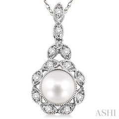 6.5 MM Cultured Pearl and 1/10 Ctw Round Cut Diamond Pendant in 14K White Gold with Chain