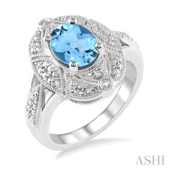 9x7 MM Oval Cut Blue Topaz and 1/50 Ctw Round Cut Diamond Ring in Sterling Silver