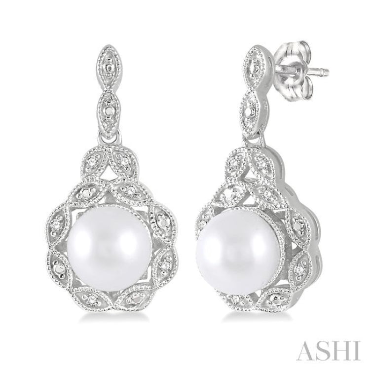 6X6 MM Cultured Pearl and 1/20 Ctw Round Cut Diamond Earrings in Sterling Silver