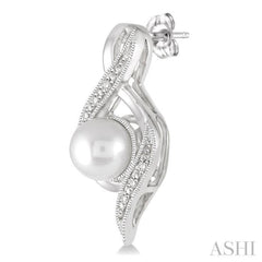 6.5 MM Round Shape Cultured Pearls and 1/20 Ctw Round Cut Diamond Earrings in Sterling Silver