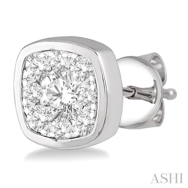 1/3 Ctw Cushion Shape Round Cut Diamond Lovebright Bezel Stud Earring in 14K White Gold