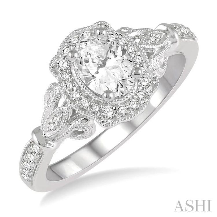 5/8 Ctw Lattice Shank Oval and Round Cut Diamond Ladies Engagement Ring with 3/8 Ct Oval Cut Center Stone in 14K White Gold