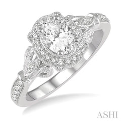 5/8 Ctw Lattice Shank Oval and Round Cut Diamond Ladies Engagement Ring with 3/8 Ct Oval Cut Center Stone in 14K White Gold