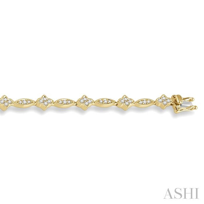 1 1/10 Ctw Round Cut Diamond Marquise and Floral Link Bracelet in 10K Yellow Gold