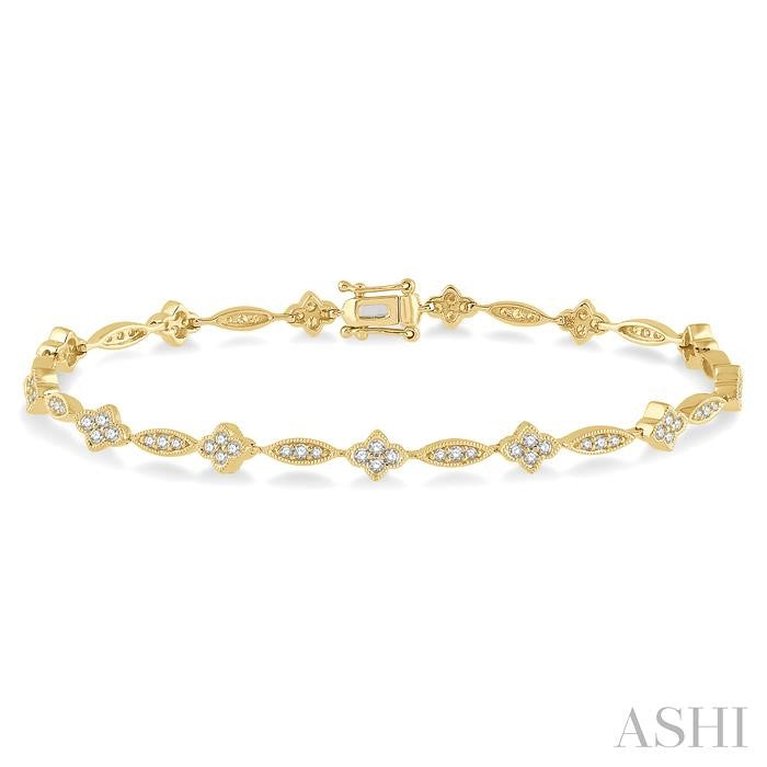 1 1/10 Ctw Round Cut Diamond Marquise and Floral Link Bracelet in 10K Yellow Gold