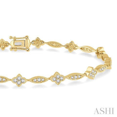 1 1/10 Ctw Round Cut Diamond Marquise and Floral Link Bracelet in 10K Yellow Gold