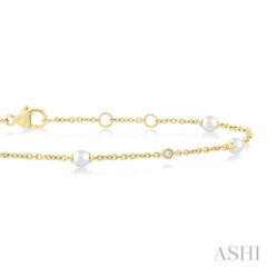3 MM Round Shape Cultured Pearl and 1/20 Ctw Round Cut Diamond Fashion Station Bracelet in 14K Yellow Gold