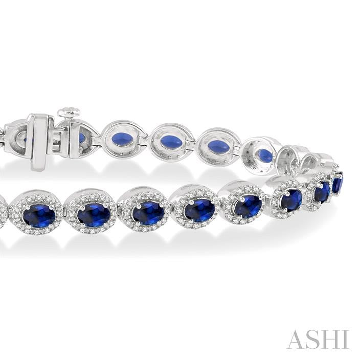 4x3 MM Oval Cut Sapphire and 1 Ctw Round Cut Diamond Precious Bracelet in 14K White Gold
