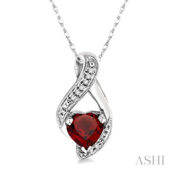 7x7 MM Heart Shape Garnet and 1/20 Ctw Round Cut Diamond Semi-Precious Pendant in 10K White Gold with Chain