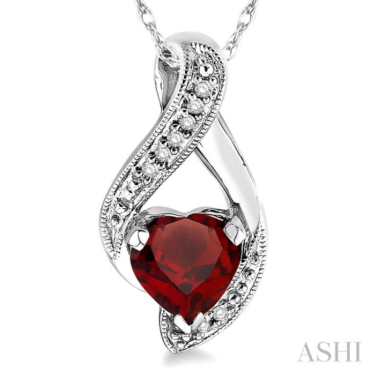 7x7 MM Heart Shape Garnet and 1/20 Ctw Round Cut Diamond Semi-Precious Pendant in 10K White Gold with Chain