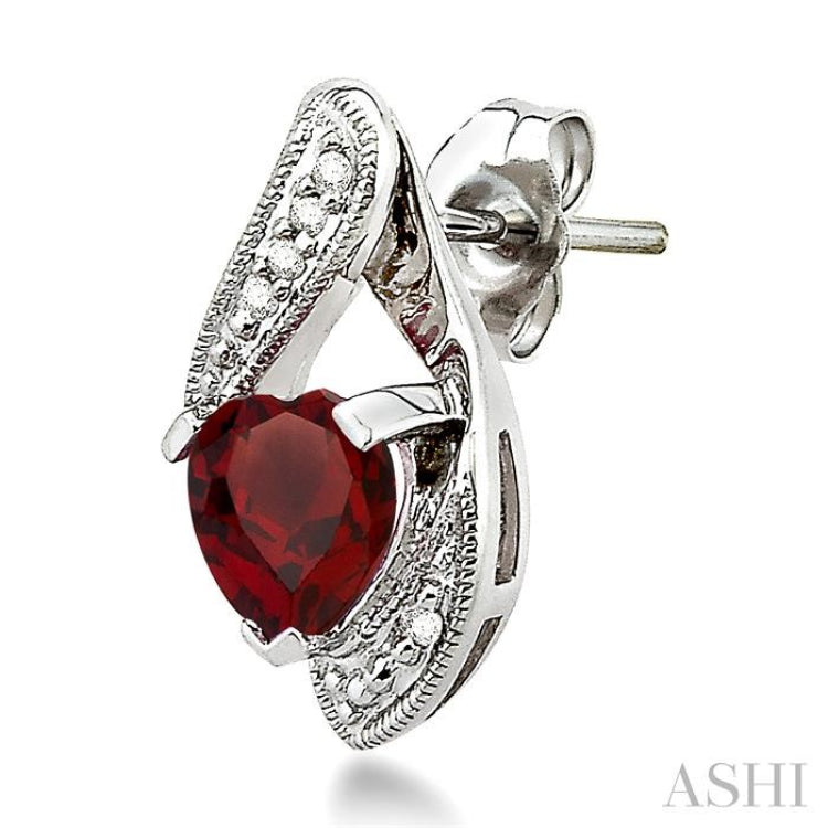 6x6 MM Heart Shape Garnet and 1/20 Ctw Round Cut Diamond Earrings in Sterling Silver