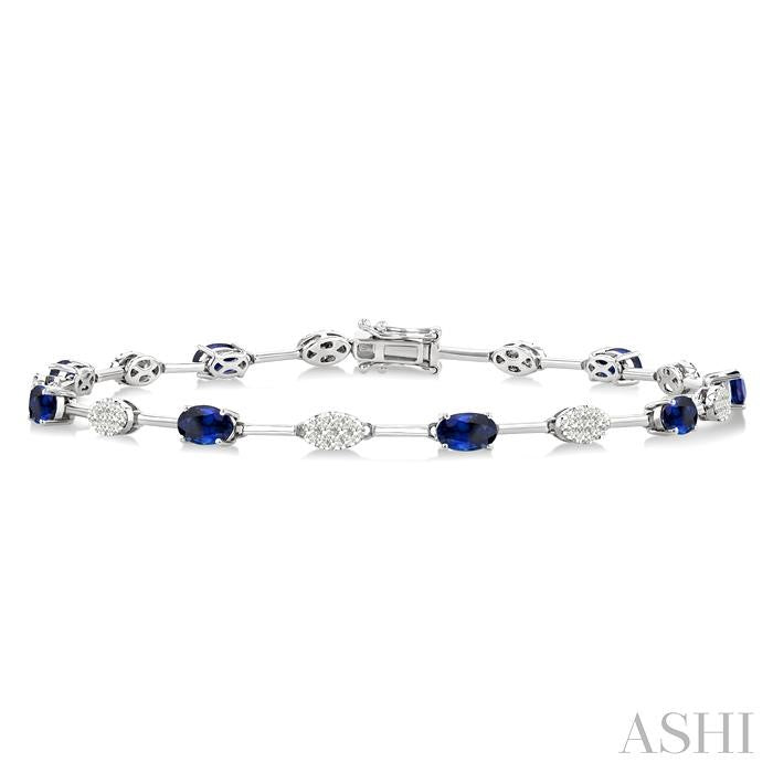 5x3 MM Oval Shape Sapphire and 5/8 Ctw Lovebright Round Cut Diamond Precious Fashion Bracelet in 10K White Gold