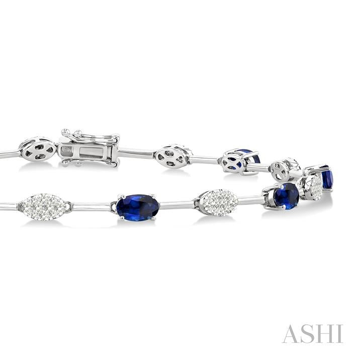5x3 MM Oval Shape Sapphire and 5/8 Ctw Lovebright Round Cut Diamond Precious Fashion Bracelet in 10K White Gold
