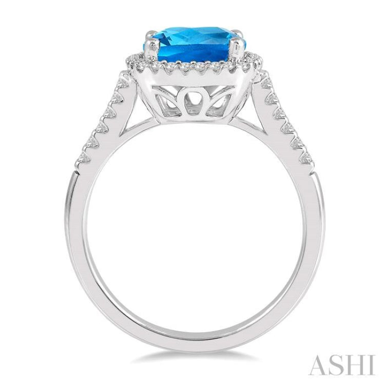 8x8 MM Cushion Shape Center Stone Blue Topaz and 1/5 Ctw Cushion Shape Mount Round Cut Diamond Semi-Precious Ring in 10K White Gold