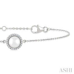6 MM Round shape Round Shape Cultured Pearl and 1/20 Ctw Round Cut Diamond Petite Halo Bracelet in 10K White Gold
