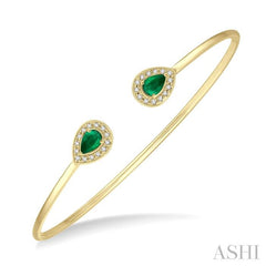 6x4 MM Pear Shape Emerald and 1/5 Ctw Round Cut Diamond Precious Flexi Bangle in 14K Yellow Gold
