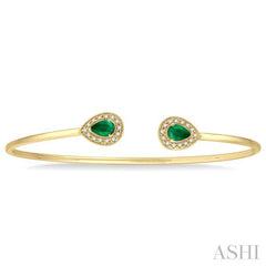 6x4 MM Pear Shape Emerald and 1/5 Ctw Round Cut Diamond Precious Flexi Bangle in 14K Yellow Gold