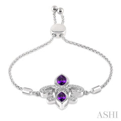 10x5 MM & 8x4 MM Marquise Cut Amethyst and 1/20 Ctw Round Diamond Fleur De Lis Sterling Silver Lariat Bracelet