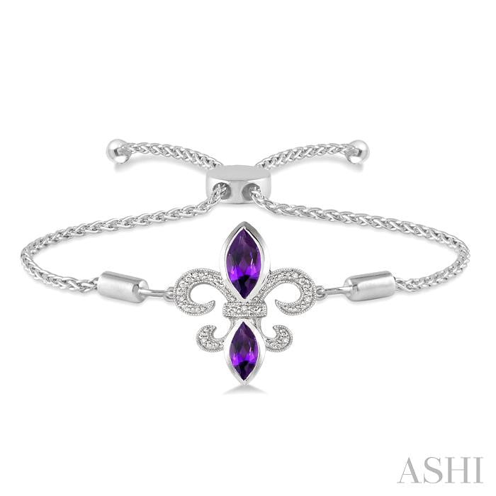 10x5 MM & 8x4 MM Marquise Cut Amethyst and 1/20 Ctw Round Diamond Fleur De Lis Sterling Silver Lariat Bracelet