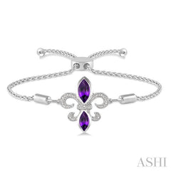 10x5 MM & 8x4 MM Marquise Cut Amethyst and 1/20 Ctw Round Diamond Fleur De Lis Sterling Silver Lariat Bracelet