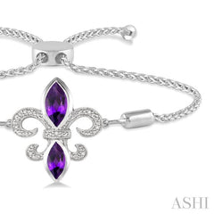 10x5 MM & 8x4 MM Marquise Cut Amethyst and 1/20 Ctw Round Diamond Fleur De Lis Sterling Silver Lariat Bracelet