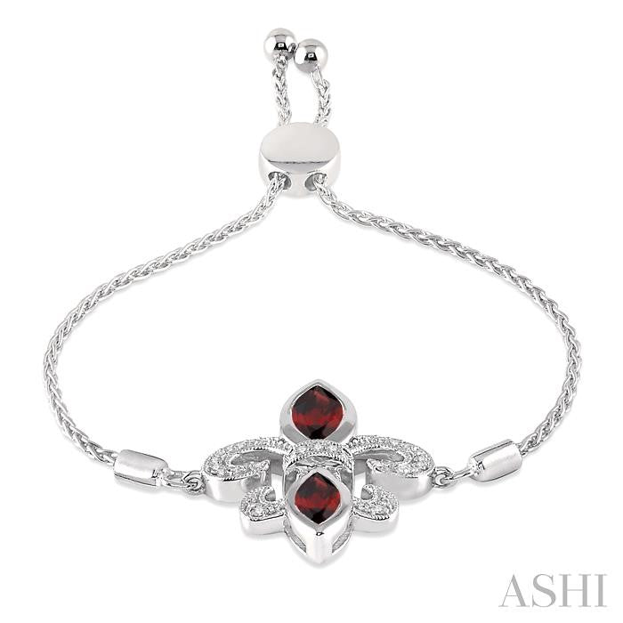 10x5 MM & 8x4 MM Marquise Cut Garnet and 1/20 Ctw Round Diamond Fleur De Lis Sterling Silver Lariat Bracelet