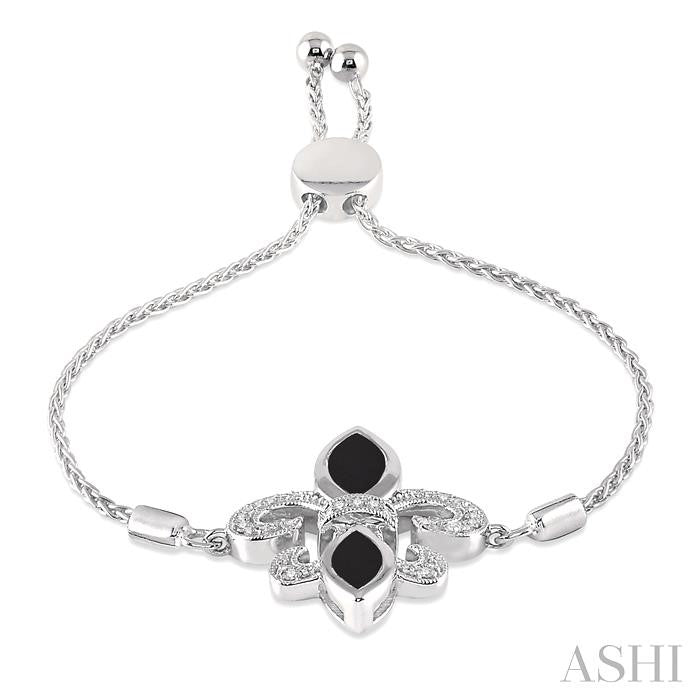 10x5 MM & 8x4 MM Marquise Cut Onyx and 1/20 Ctw Round Diamond Fleur De Lis Sterling Silver Lariat Bracelet