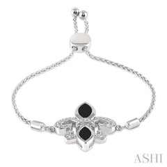 10x5 MM & 8x4 MM Marquise Cut Onyx and 1/20 Ctw Round Diamond Fleur De Lis Sterling Silver Lariat Bracelet