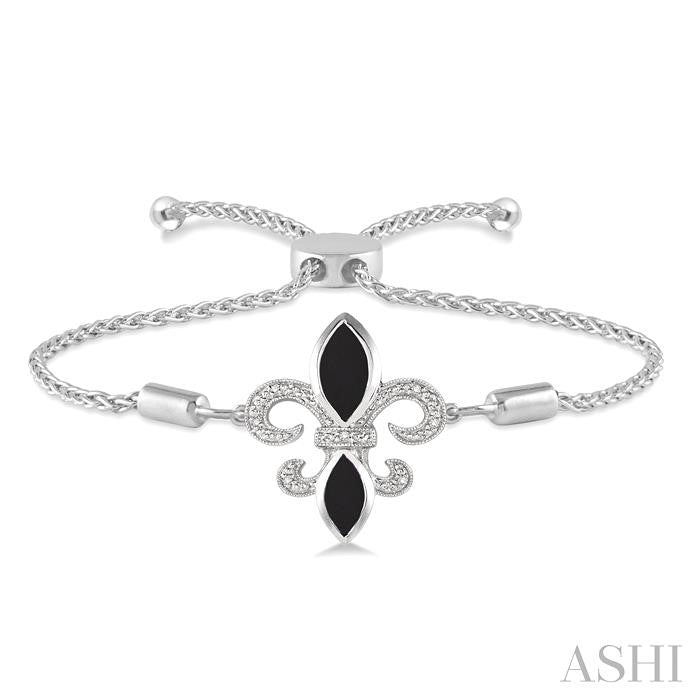 10x5 MM & 8x4 MM Marquise Cut Onyx and 1/20 Ctw Round Diamond Fleur De Lis Sterling Silver Lariat Bracelet