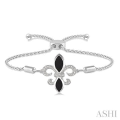 10x5 MM & 8x4 MM Marquise Cut Onyx and 1/20 Ctw Round Diamond Fleur De Lis Sterling Silver Lariat Bracelet