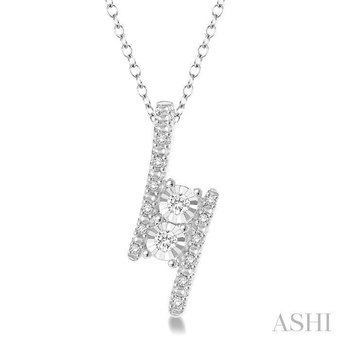 1/10 Ctw Parallel Bars Round Cut Diamond 2Stone Sterling Silver Pendant With Cable Chain