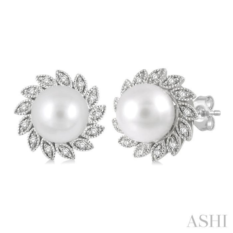 6x6 MM Round Shape Cultured Pearls and 1/10 Ctw Sunflower Round Cut Diamond Earrings in 10K White Gold