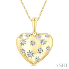 1/10 Ctw Bold Star Engraved Puffed Heart Round Cut Diamond Pendant With Chain in Yellow Gold Vermeil