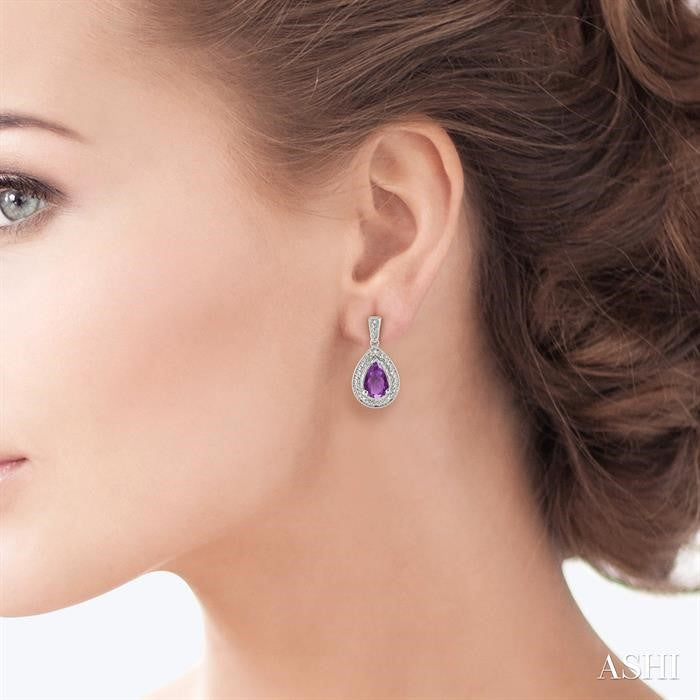 9x6 MM Pear Shape Amethyst and 1/20 Ctw Round Cut Diamond Earrings in Sterling Silver