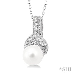6.5 MM Round Shape Cultured Pearl and 1/50 Ctw Round Cut Diamond Pendant in Sterling Silver with Chain