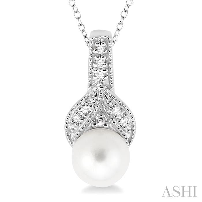 6.5 MM Round Shape Cultured Pearl and 1/50 Ctw Round Cut Diamond Pendant in Sterling Silver with Chain
