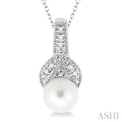 6.5 MM Round Shape Cultured Pearl and 1/50 Ctw Round Cut Diamond Pendant in Sterling Silver with Chain