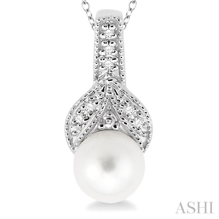 6.5 MM Round Shape Cultured Pearl and 1/50 Ctw Round Cut Diamond Pendant in Sterling Silver with Chain