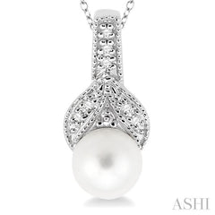 6.5 MM Round Shape Cultured Pearl and 1/50 Ctw Round Cut Diamond Pendant in Sterling Silver with Chain