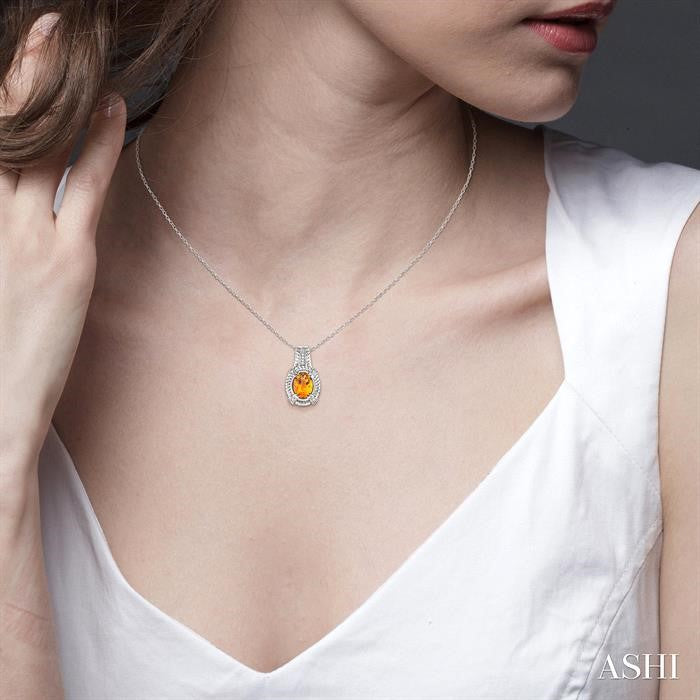 9x7 MM Oval Cut Citrine and 1/50 Ctw Round Cut Diamond Pendant in Sterling Silver with Chain