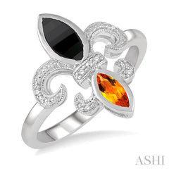 8x4 MM Marquise Cut Onyx & 6X3 MM Marquise Cut Citrine and 1/50 Ctw Round Cut Diamond Fleur De Lis Ring in Sterling Silver