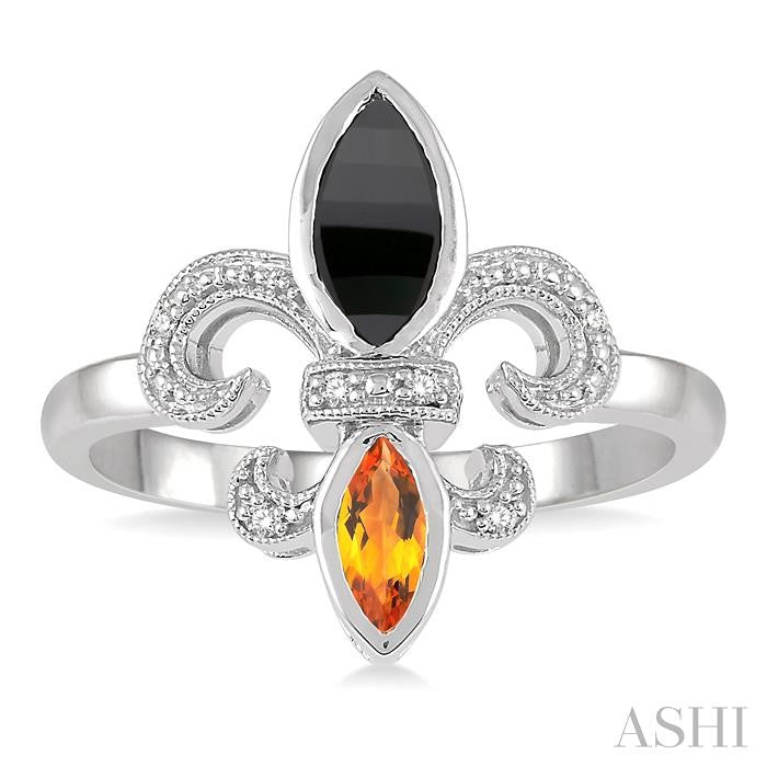 8x4 MM Marquise Cut Onyx & 6X3 MM Marquise Cut Citrine and 1/50 Ctw Round Cut Diamond Fleur De Lis Ring in Sterling Silver