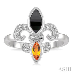 8x4 MM Marquise Cut Onyx & 6X3 MM Marquise Cut Citrine and 1/50 Ctw Round Cut Diamond Fleur De Lis Ring in Sterling Silver
