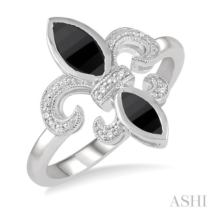 8x4 MM & 6X3 MM Marquise Cut Onyx and 1/50 Ctw Round Cut Diamond Fleur De Lis Ring in Sterling Silver
