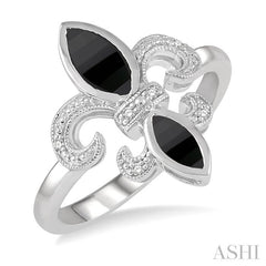 8x4 MM & 6X3 MM Marquise Cut Onyx and 1/50 Ctw Round Cut Diamond Fleur De Lis Ring in Sterling Silver