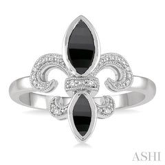 8x4 MM & 6X3 MM Marquise Cut Onyx and 1/50 Ctw Round Cut Diamond Fleur De Lis Ring in Sterling Silver