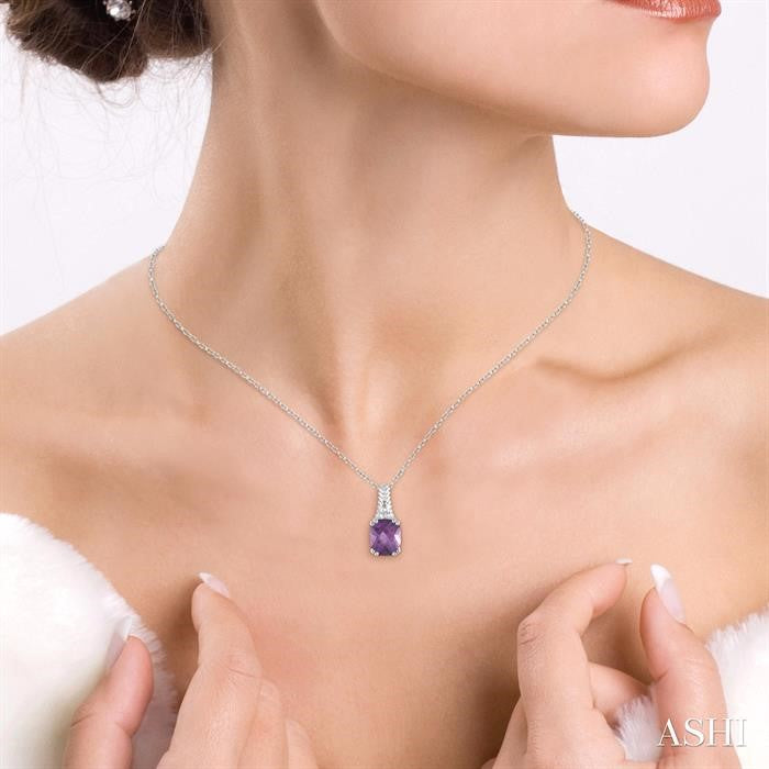 12x10 MM Cushion Shape Amethyst and 1/50 Ctw Round Cut Diamond Pendant in Sterling Silver with Chain