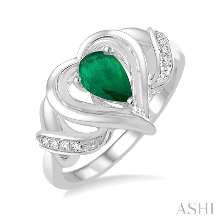 6x4 MM Pear Shape Emerald and 1/50 Ctw Round Cut Diamond Ring in Sterling Silver