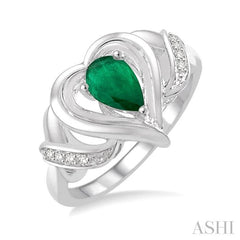 6x4 MM Pear Shape Emerald and 1/50 Ctw Round Cut Diamond Ring in Sterling Silver