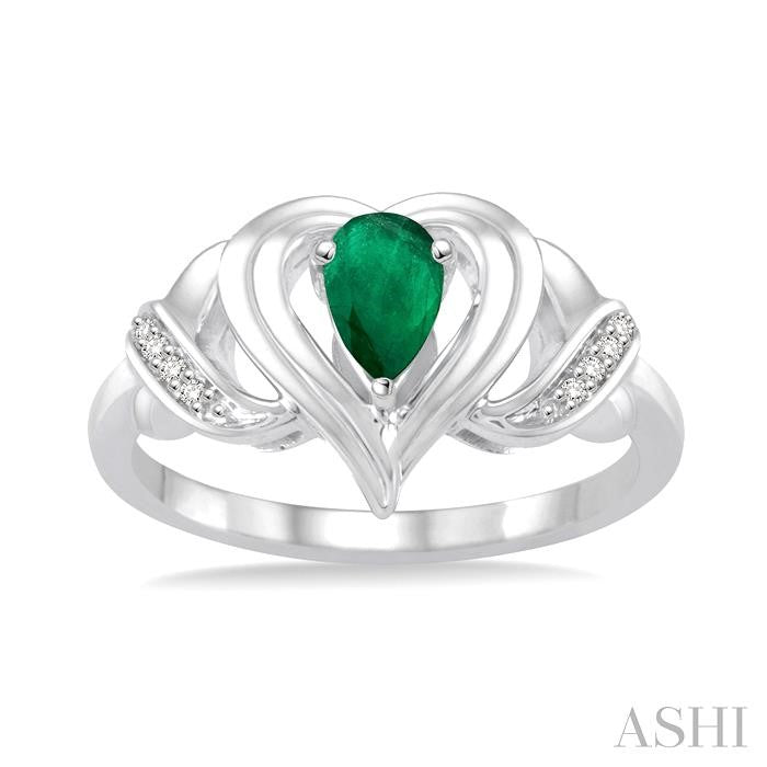 6x4 MM Pear Shape Emerald and 1/50 Ctw Round Cut Diamond Ring in Sterling Silver